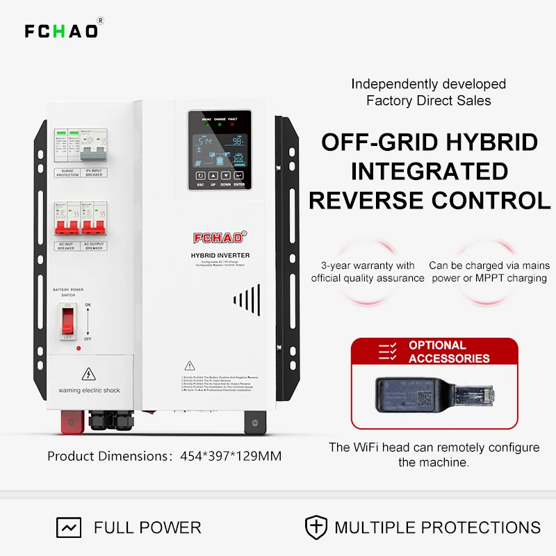 Fchao Solar Hybrid Inverter 3KW 4KW 5.5KW WiFi APP Monitoring 12/24/48V Off-Grid MPPT High-Efficiency Sine Wave Inverter