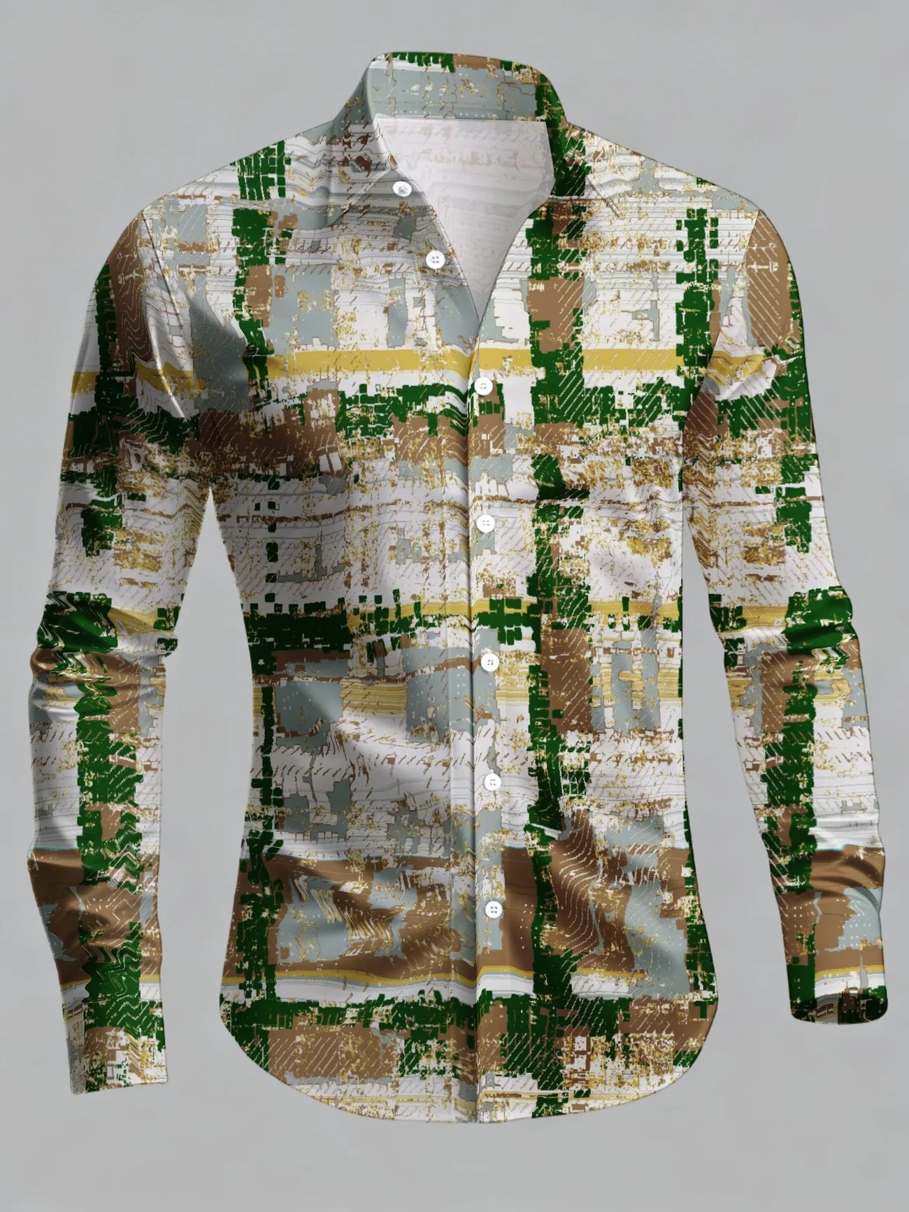 New horizontal and vertical cross line graffiti print lapel with white button closure men's trendy long sleeved shirt