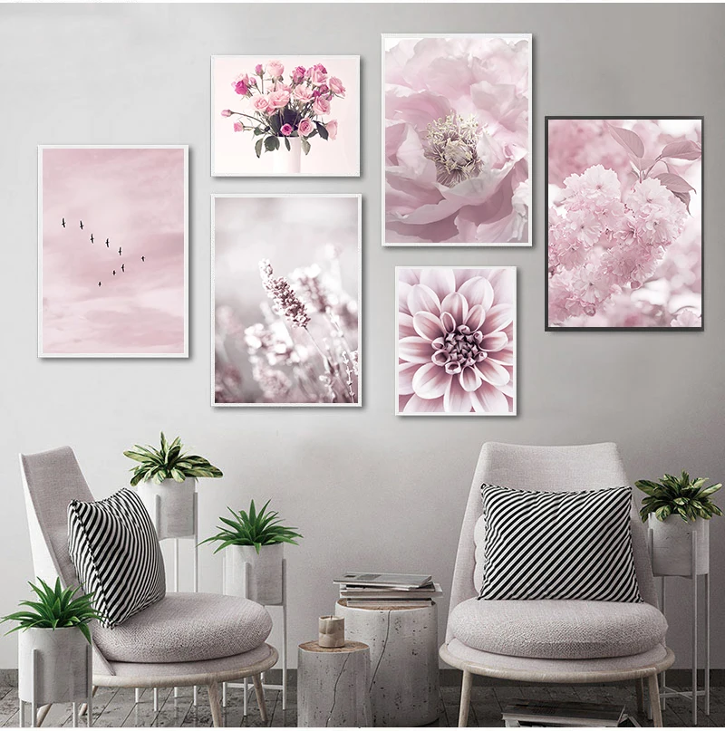 Pink Flower Cherry Blossom Rose Peony Sky Bird Nordic Posters And Prints Wall Art Canvas Painting  Wall Pictures For Living Room