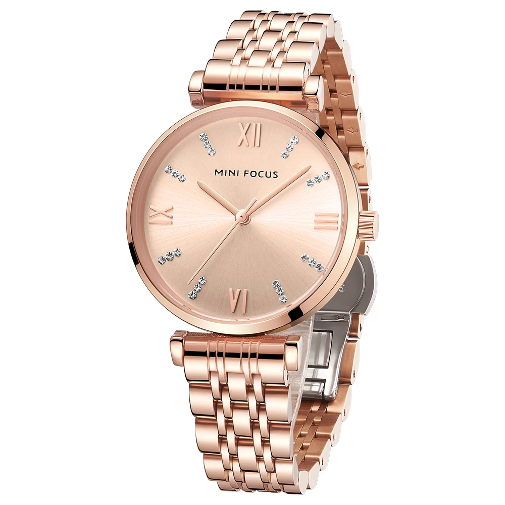 MINI FOCUS Women's Classic Stainless Steel Watch, Japanese Quartz Movement, Crystal Accent Dial, Elegant Analog Dress Watch