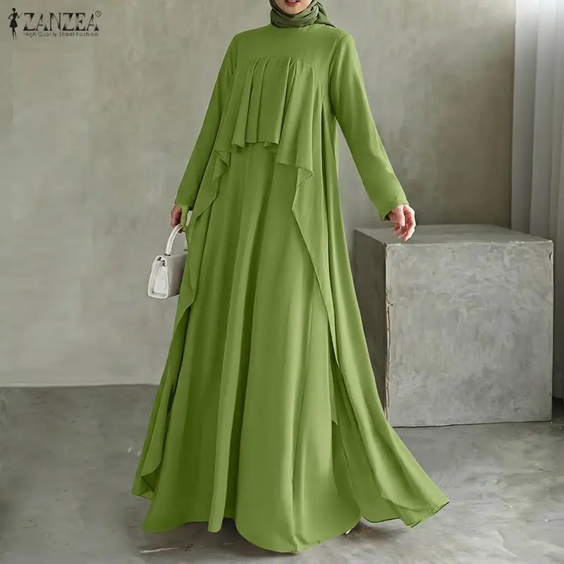 

Stylish Ruffled Maxi Dresses ZANZEA Muslim Abaya Robe Femme Elegant Long Sleeve Solid Loose Sundress Kaftan Hijab Dress Ramadan