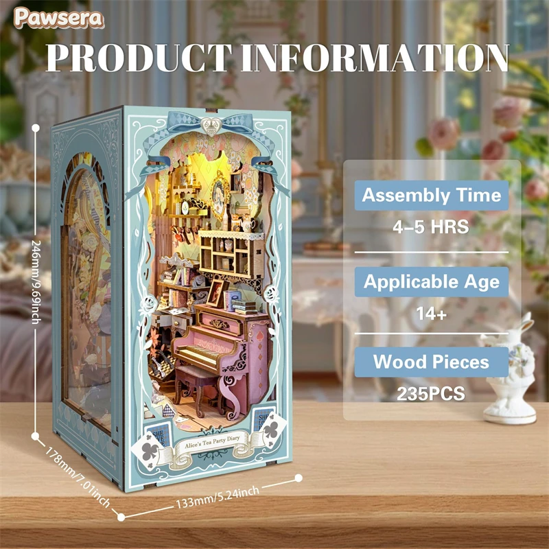 Pawsera DIY Wooden Book Nook Alice's Tea Party Diary Figurines Miniatures Kits Bookshelf Home Bookend Decoration Adult Gifts