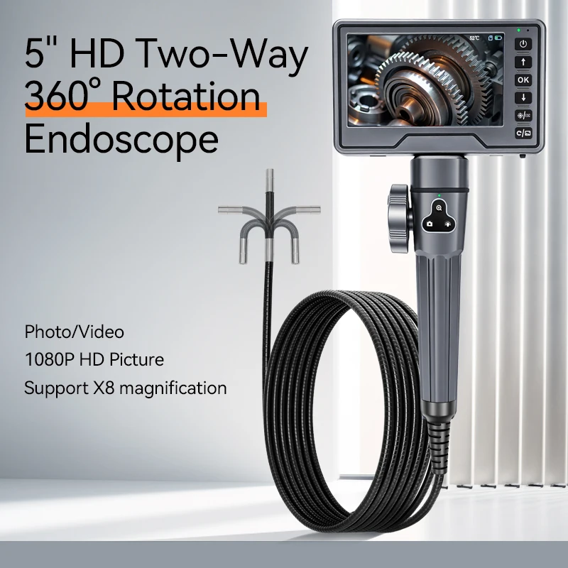 180 Degree Handheld 2-Way 5.0 Inch IPS Display IP67 Waterproof Steering 8.5mm Borescope Camera For Automotive Engine Checking