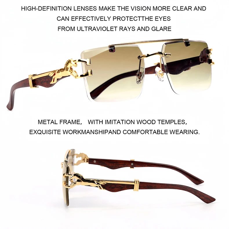 Holzmaserung Sonnenbrille Damen Trendy 2024 Randlose Sonnenbrille Herren Vintage Designer Mode-Brillen Lentes De Sol Mujer Zonnebril – Detail 14
