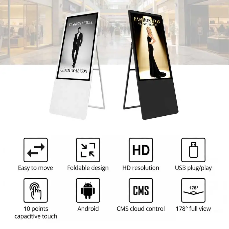 Smart Lcd Signage Android Kiosk Portable Floor Stand Display Digital Signage Digital Poster With Handle