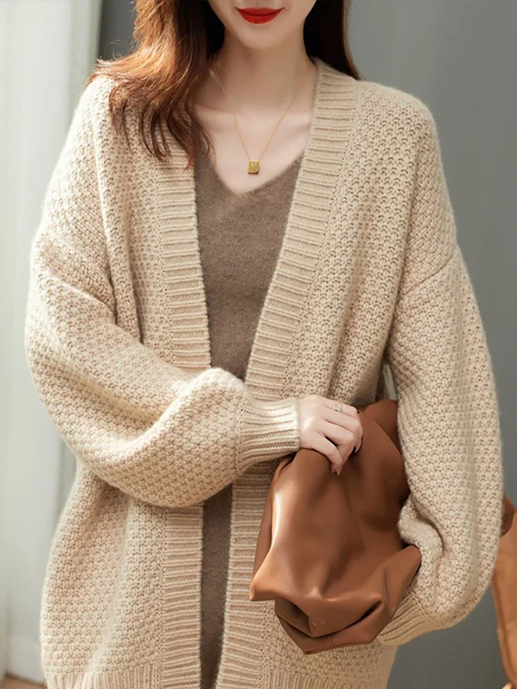 

Elegant Loose Long Sleeve Thick Knitted Cardigan Women New Autumn Soft Solid Color Sweater Korean Fashion Streetwear PH284