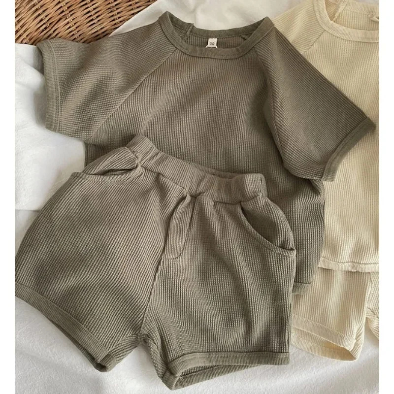 Summer and Autumn Children Clothing Set Korean Style Boys and Girls Short Sleeve Baby Casual Kids Simple Solid Color Two Piece