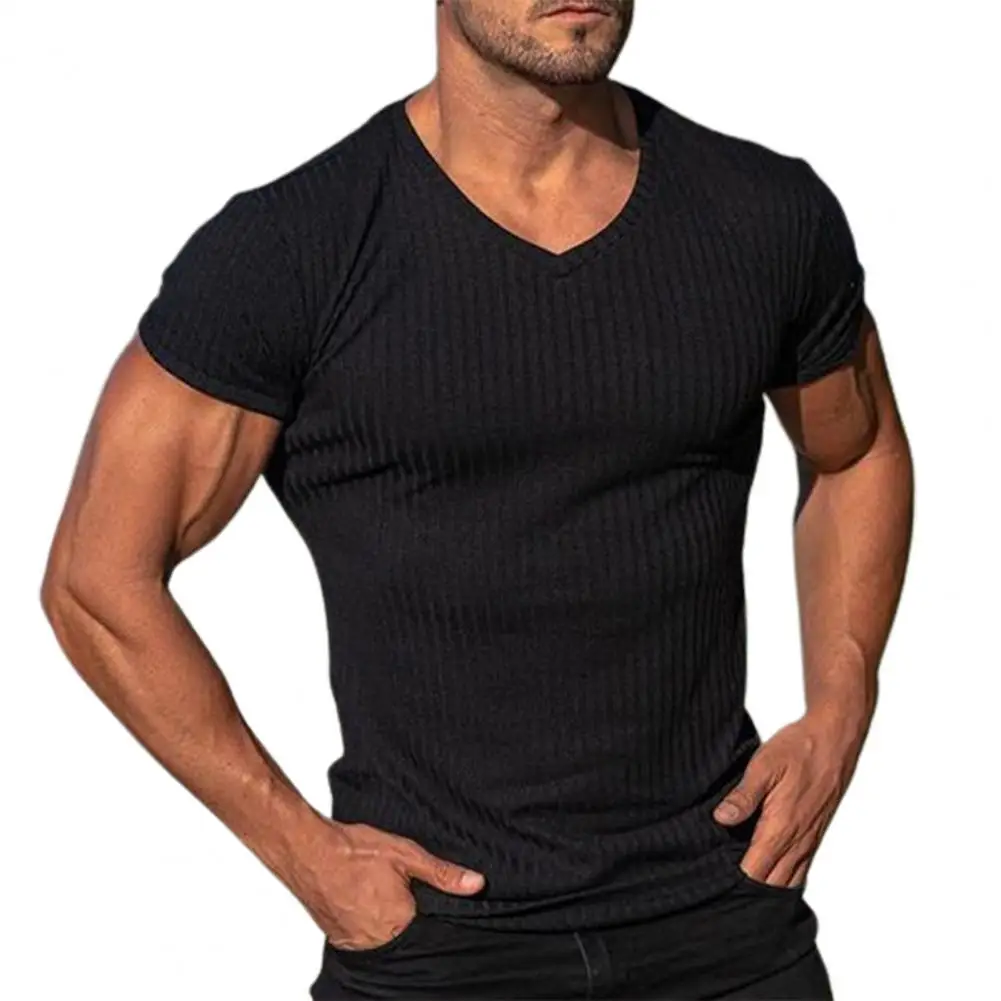 Deep V Neck T Shirt for Men Low Cut Vneck Wide Vee Tee Male Tshirt Invisible Undershirt Model Scoop Hem Slim Fit Short Sleeve