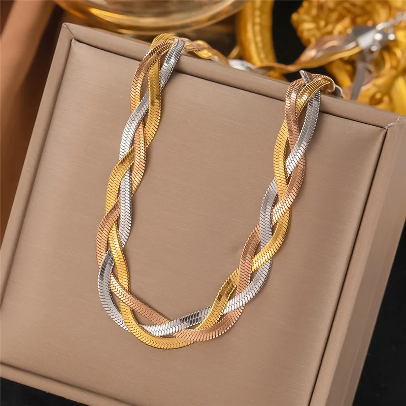 316l Stainless Steel Elegant Design Sense Tricolor Braided Snake Bone Chain Necklace Bracelet  Jewelry Sets For Women Expensive