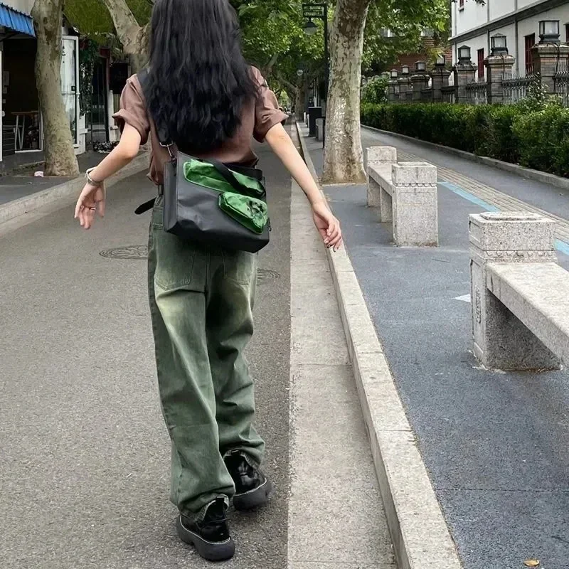BIYABY 2025 Novo gradiente verde calças jeans mulheres americanas vintage high street denim calças mulher lavada fazer velhos calças de perna larga