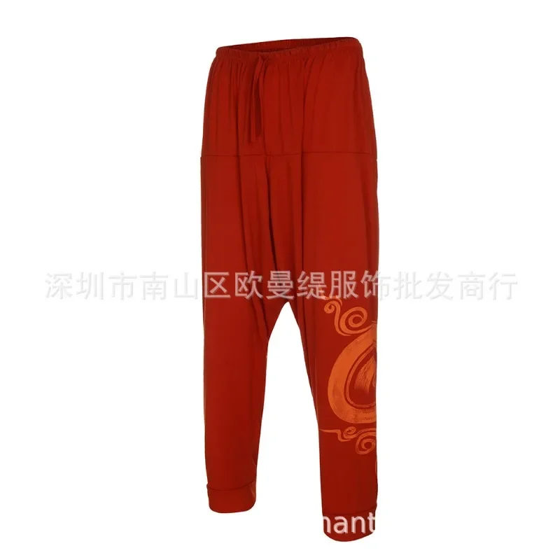 Men Fashion Cross-Pants Casual Baggy Pants Hippie Hip-hop Yoga Vintage Print Elastic Waist Large Size Summer Trouser Streetwear