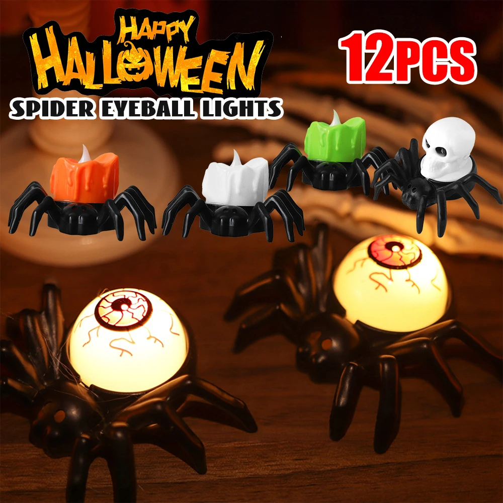 Luces LED de araña para decoración de Halloween, lámpara de globo ocular de terror, atmósfera de utilería, suministros de decoración de atmósfera de fiesta, 12 piezas