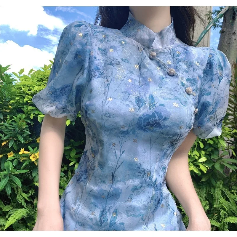 

2026 Summer New Blue Flower Mini Dress for Women Korean Fashion Elegant Short Sleeve Dress Chinese Qipao Dresses