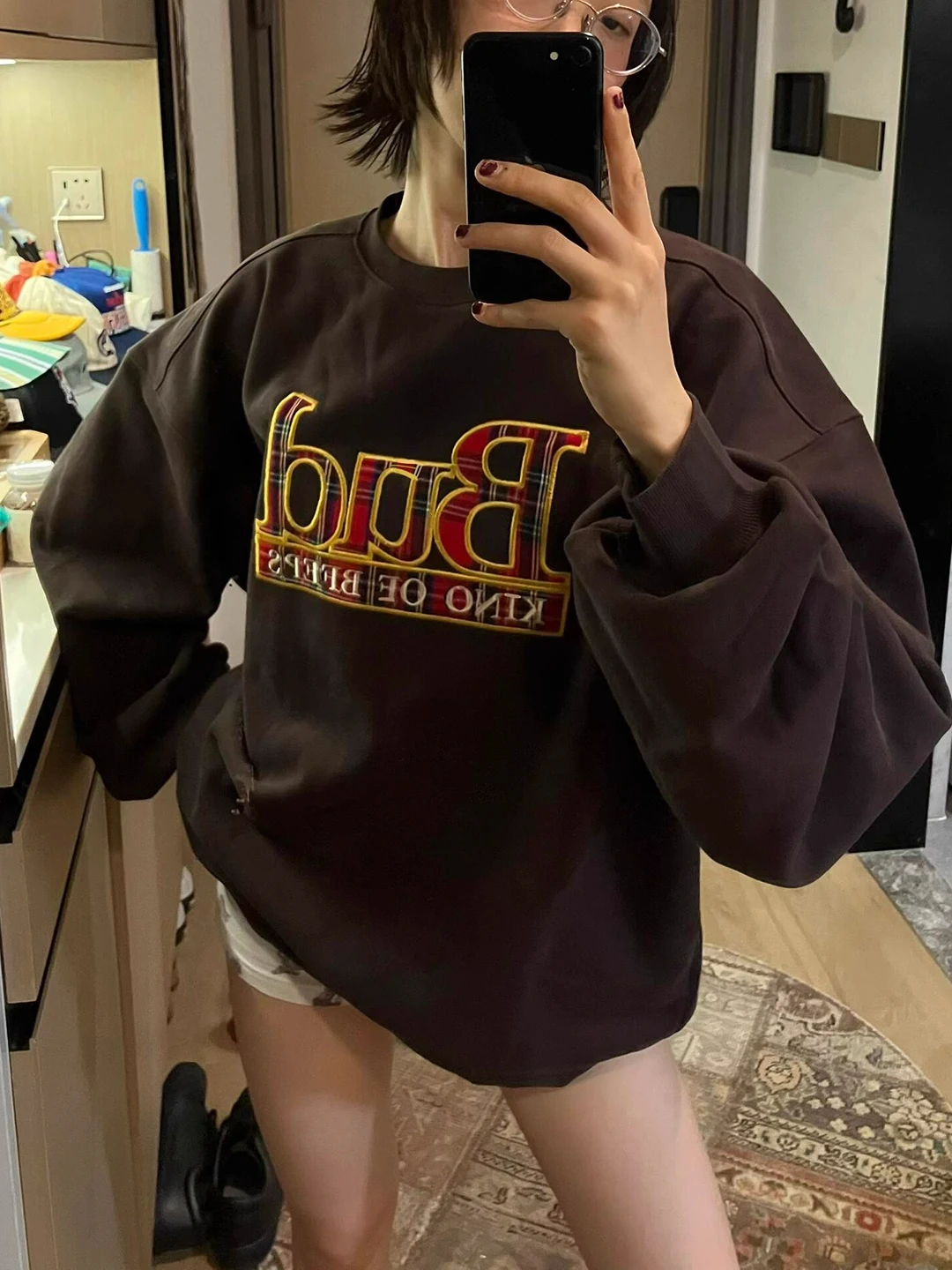 

Retro American Brown Letter Embroidery round Neck Sweatshirt Women's Loose Thickened Autumn Winter New Style No Cap Jacket
