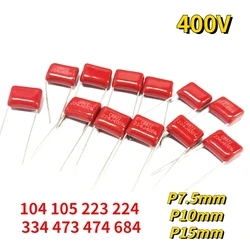 40pcs 400V CBB Capacitor 104 105 223 224 334 473 474 684 0.1UF 0.47UF 1UF Polypropylene film capacitors kit P7.5mm/10mm/15mm