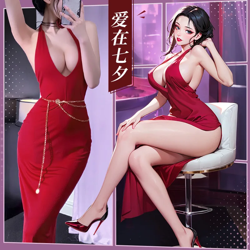 

Sexy Red Rose Goddess Uniform Cosplay Halter Backless Long Dress for Women Costume Nightdress Hollow Underwear Roleplay Outfits