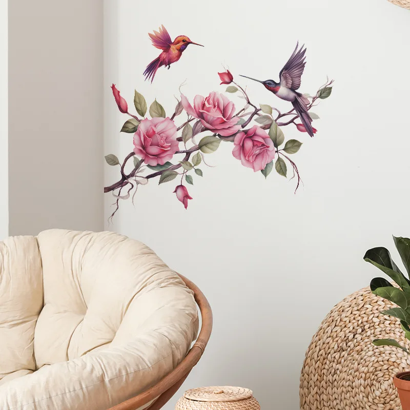 1PCS Beautiful Romantic Rose Flowers Hummingbird Bedroom Porch Home Decoration Wall Stickers Self-Adhesive