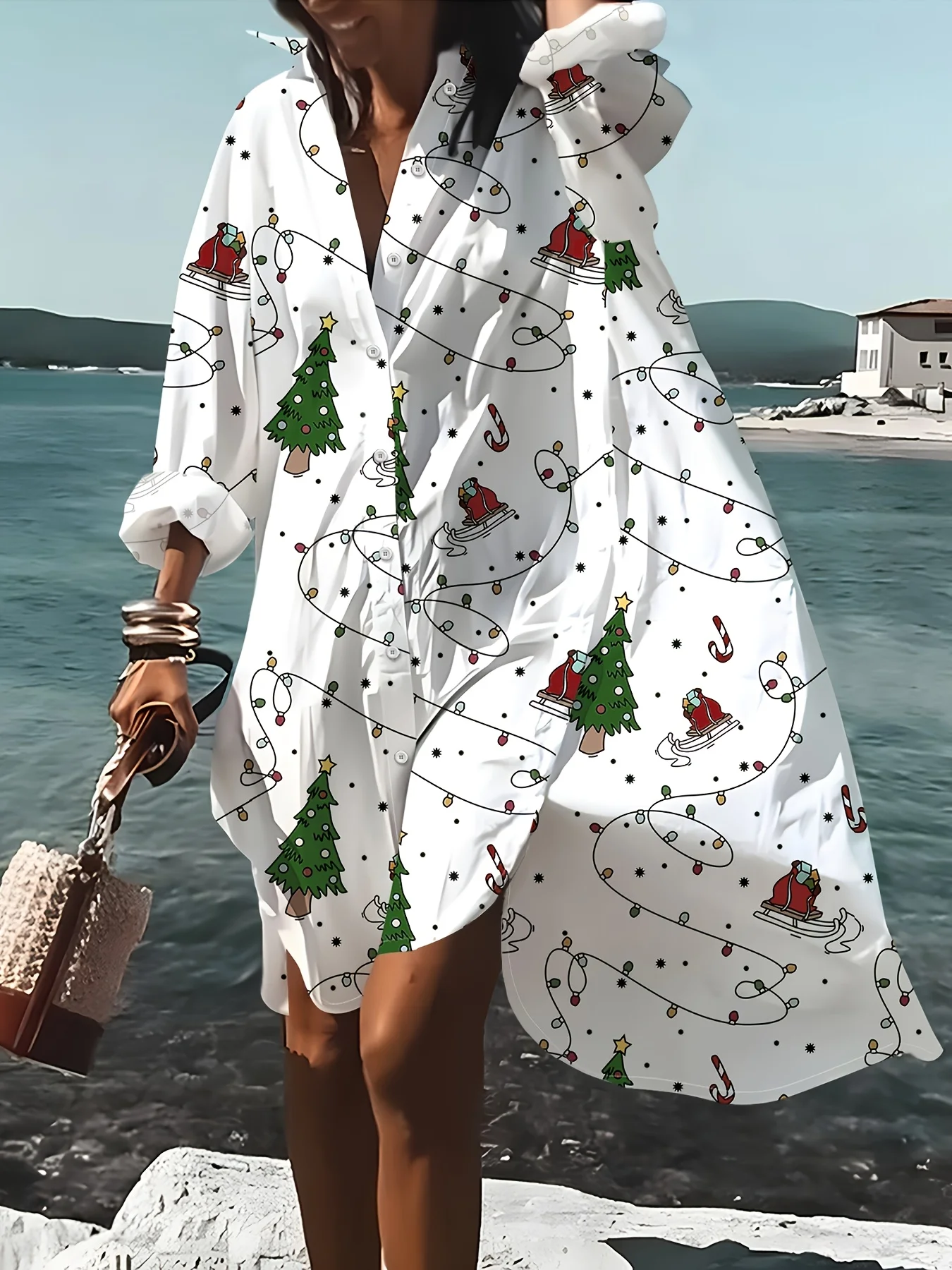 

Christmas Print Shirt Dress with Tree Lights Snowman Design Turn Down Collar Button Up Long Sleeve Casual Dress for Women