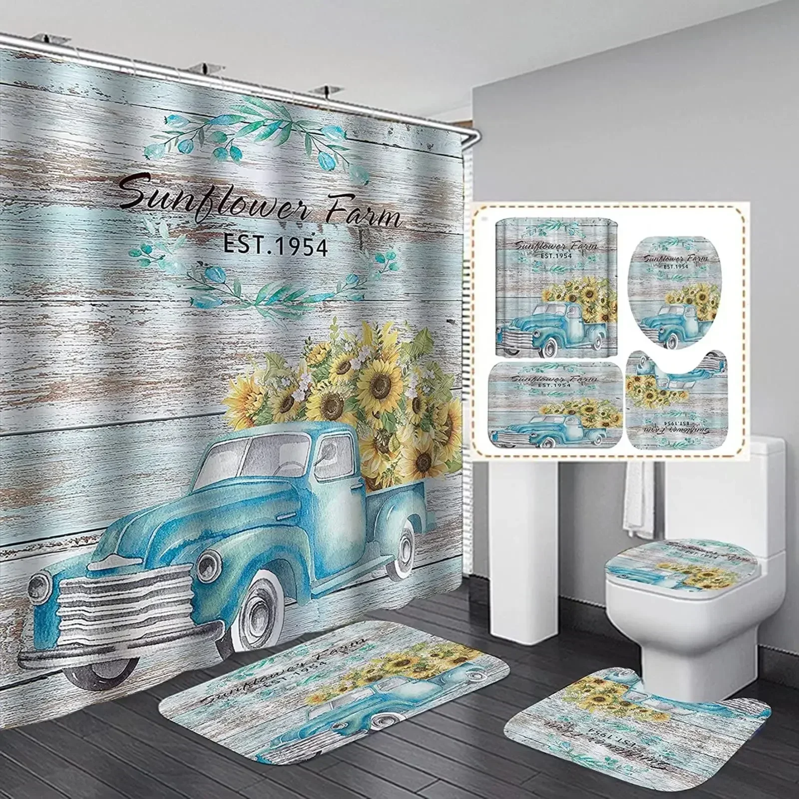 Rustic Farmhouse Cow Truck Sunflower Shower Curtain Set Country Bathroom Curtains  Non-Slip Rugs Bath Mat Toilet Lid Cover