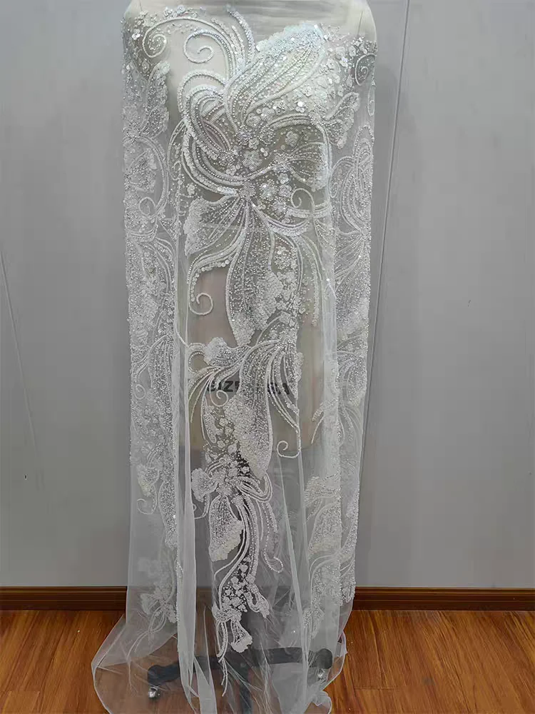 

New Style Hot Sale Luxury Sparkling Sequins Lace Ivory Flowers With Beaded Wedding Mesh Fabric