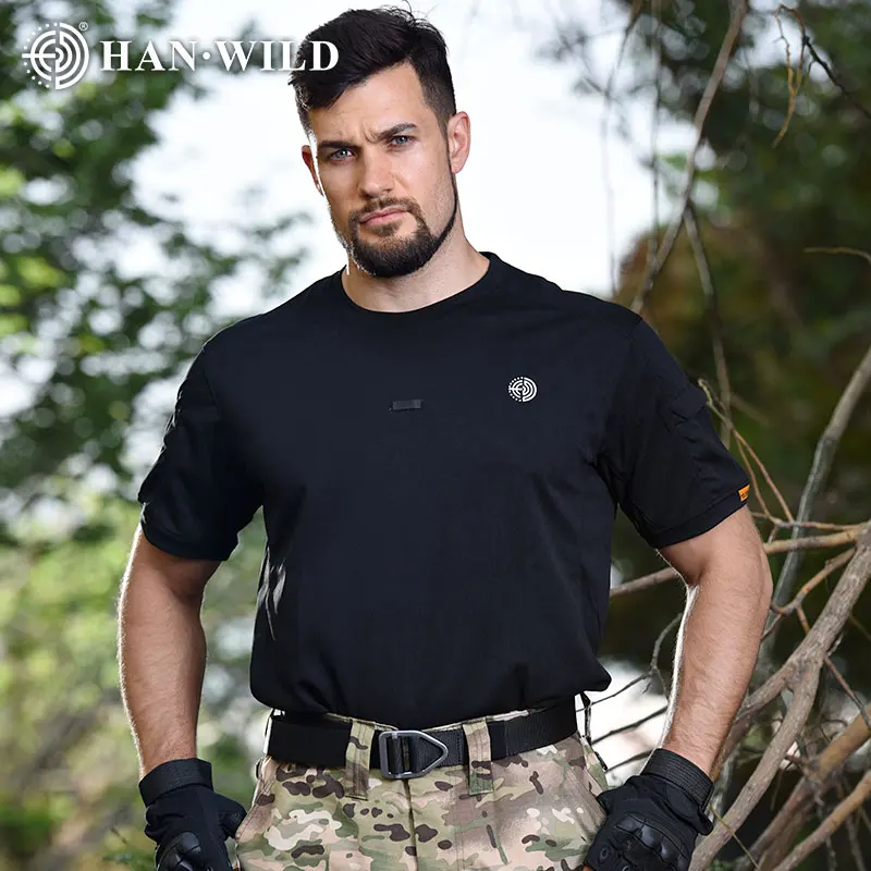 HAN WILD-Camiseta de deporte al aire libre para hombre, camisa táctica de manga corta de combate, secado rápido, ropa de senderismo y acampada,