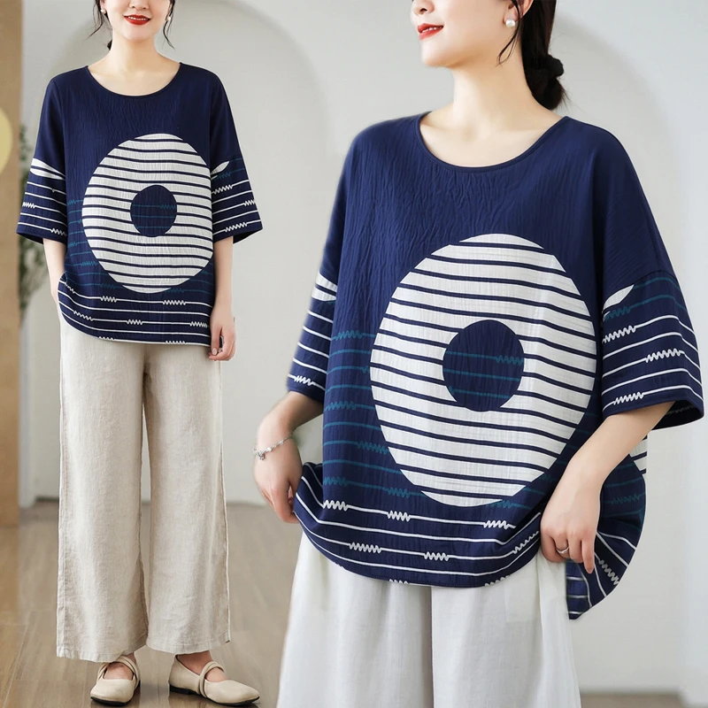 

Korean Style plus Size Summer Fashion Print Top Slimming Trendy Base Shirt T-Shirt Women's Commute Artistic Asymmetric Short ...