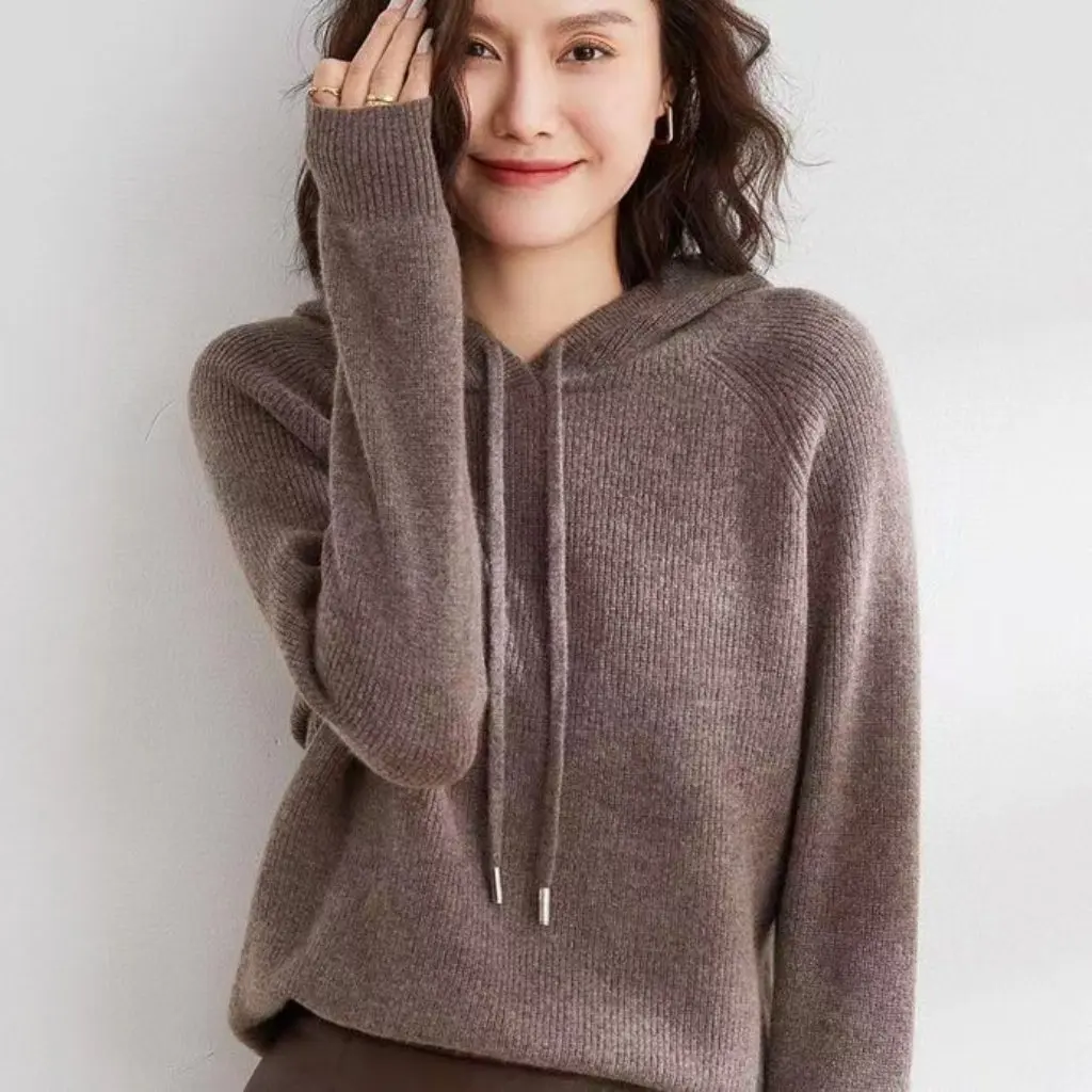 

Women's Hooded Knitted Sweatshirt Loose Pullover Drawstring Sweater Versatile Solid Color Casual Style Autumn Winter Top