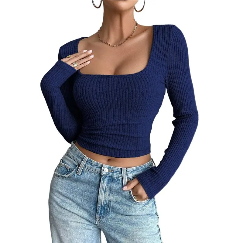 

Женские топы с длинным рукавом и квадратным вырезом, базовые укороченные топы для девочек-подростков, осенние наряды, модная одежда