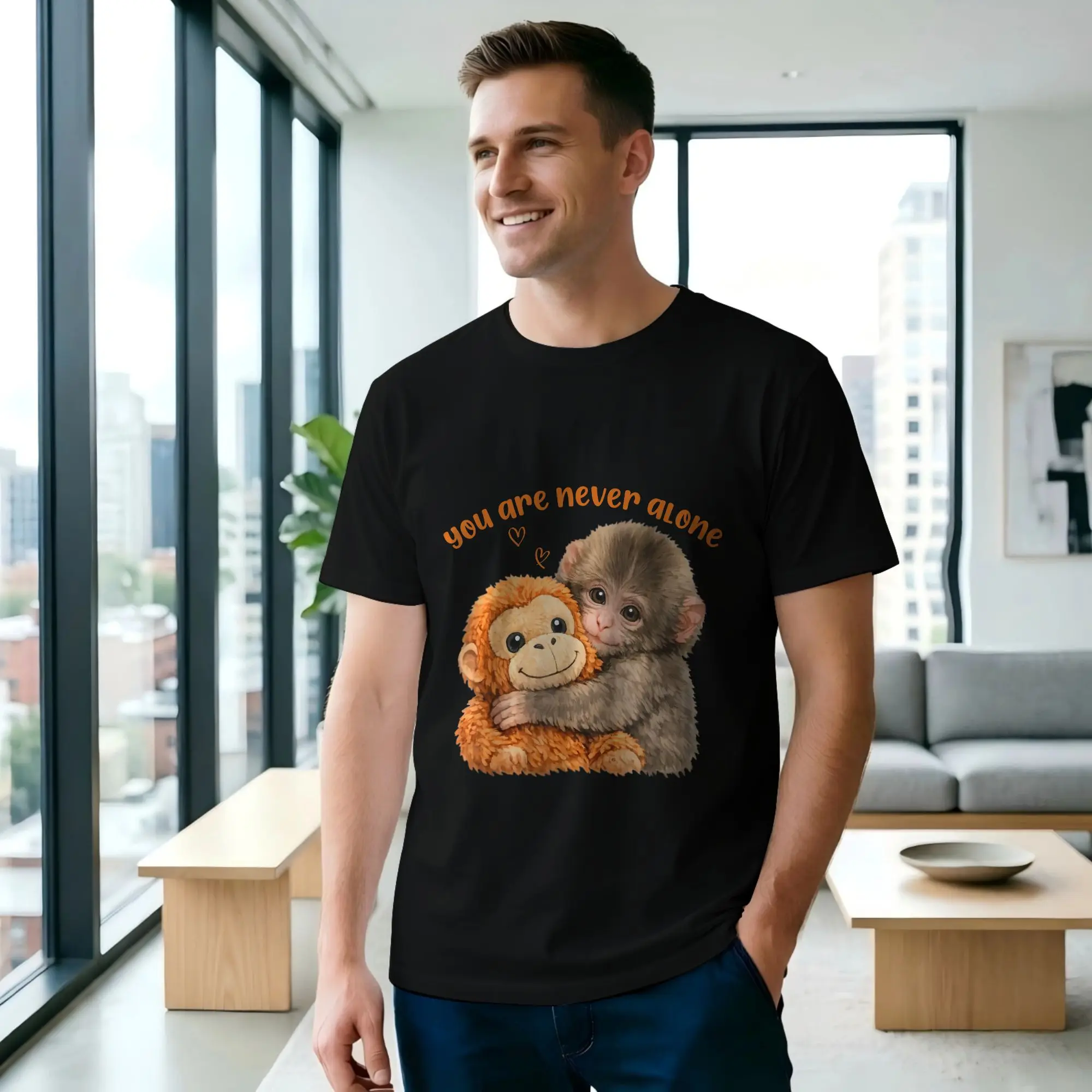 You are Never Alone Punch The Cute Monkey Men's T Shirts Punch Monkey Tee Shirt Short Sleeve Round Neck 100% Cotton T-Shirt