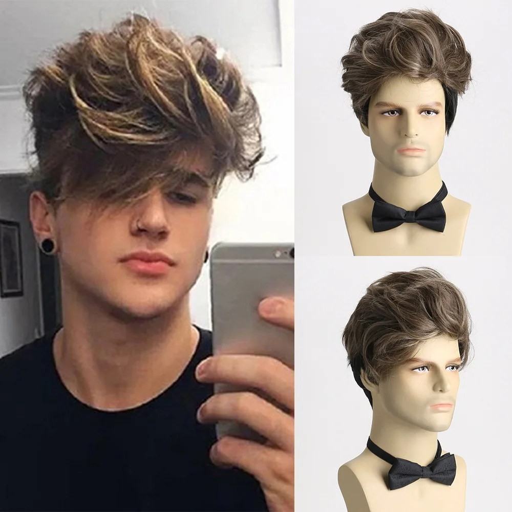 

Mens Short Wavy Synthetic Wig Natural Looking Fashion Party Daily Cosplay Hairpiece for Dating Trendy Style