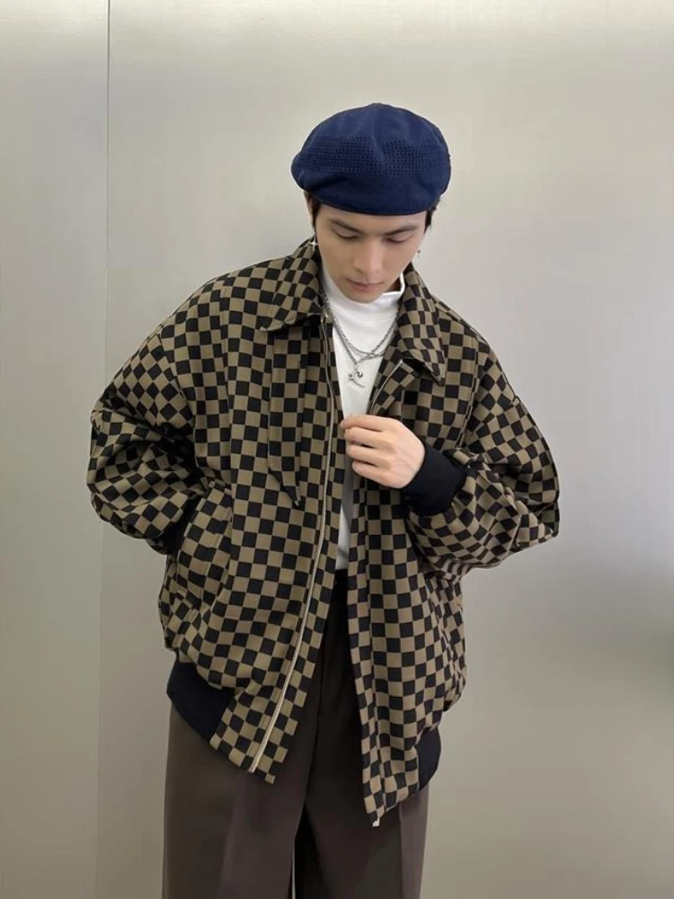 

Men's Oversized Checkered Jacket 2025 Spring Autumn Fashion Streetwear Trendy Hong Kong Style Loose Top Versatile Casual Wear