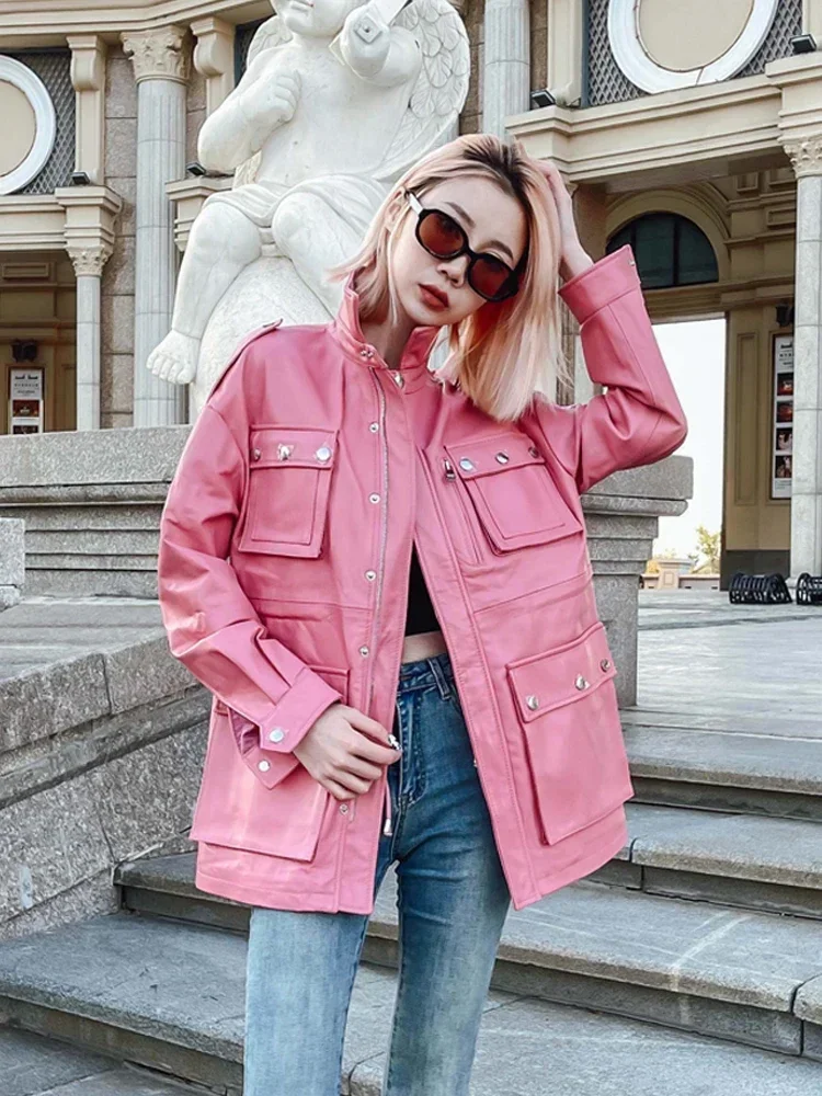 Tajeyane-Chaqueta de cuero auténtico para mujer, abrigo de piel de oveja auténtica, prendas de vestir, color rosa, primavera, 2023