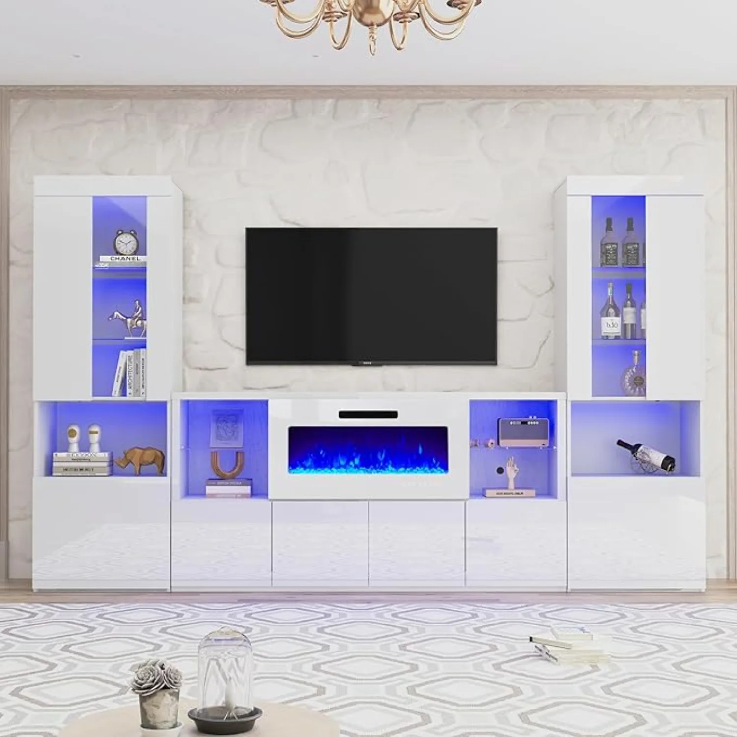 3 Piece Modern High Gloss Fireplace TV Stand + Bookcase Set Includes 68