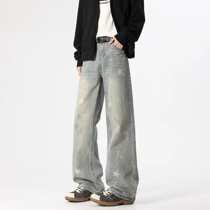 

American Style Men's Denim Jeans Trousers Stars Printing Contrast Color Jeans Washing Loose Wide Leg Male Bottom Fashion