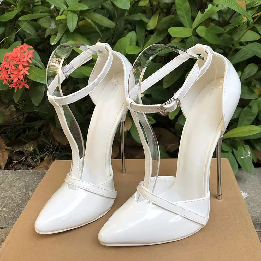 

Newly 16cm Metal High Heels Stilettos Woman White inside Fetish Ankle Strap White Pumps Gay Drag Queen Plus Size45 46 Shoes