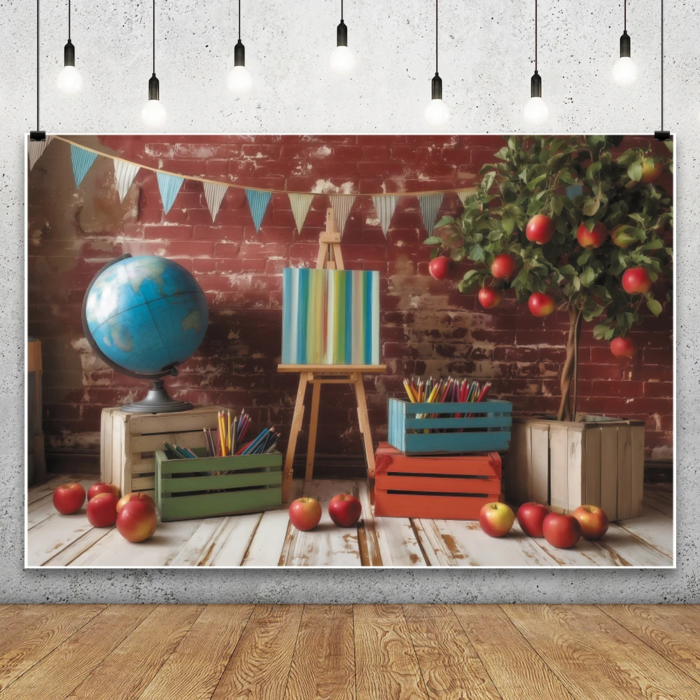 Back To School Backdrop Banner Paintbrush Drawing Board Globe Apple Children Party Portrait Red Wall Decoration Photo Background