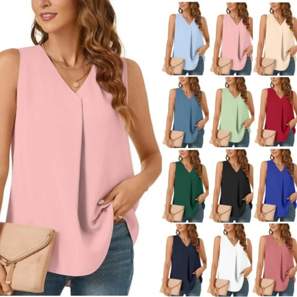 

Summer New Women's Loose Shirt Solid Color Top T-Shirt Chiffon Vest Independent Station