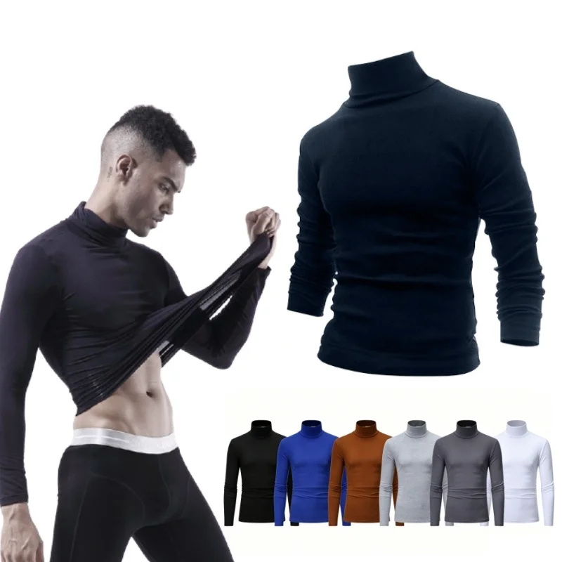 Fashion Men's Casual Slim Fit Basic Turtleneck High Collar Pullover Male  Thin Tops Basic Bottoming Plain T-shirt