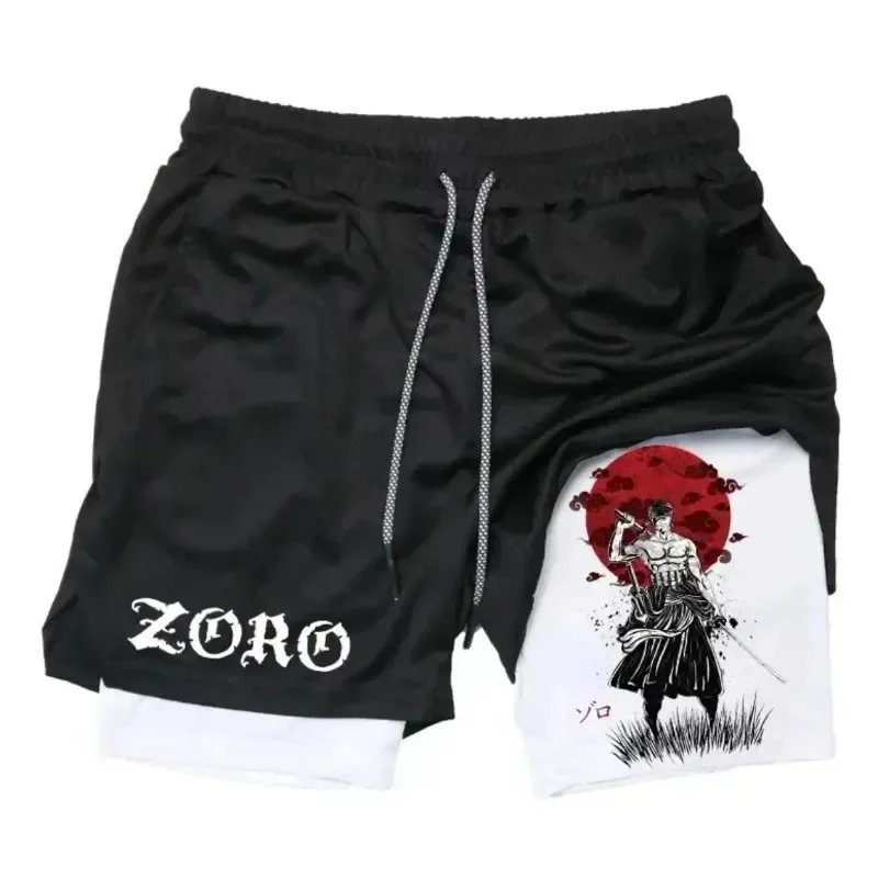 shorts-esportivos-unissex-one-piece-anime-zoro-novo-modelo-de-verao-y2k-fitness-secagem-rapida-respiravel-2-em-1-camada-dupla