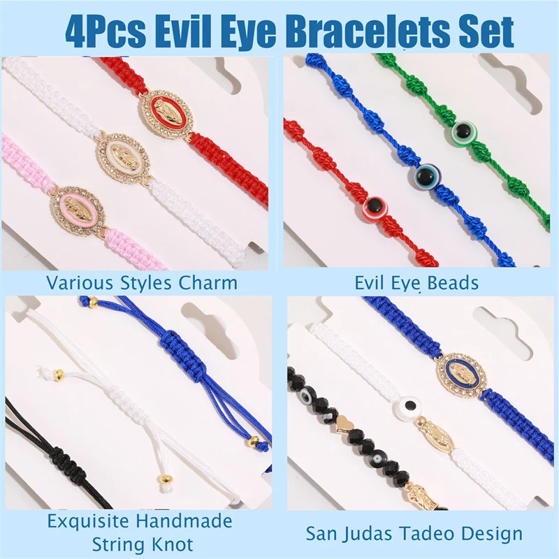 4 ชิ้น/เซ็ต Saint Jude หรือ Virgin Mary Rosay Cross สร้อยข้อมือเม็กซิกัน Braid คริสตัล Evil Eye สร้อยข้อมือสําหรับอธิษฐานหรือป้องกัน