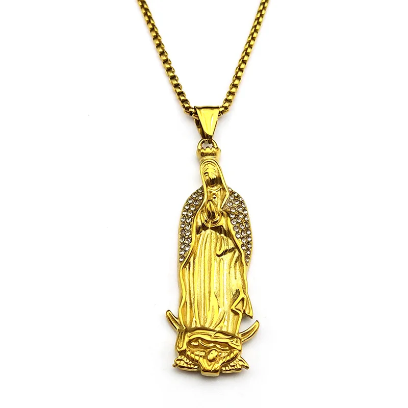 Katholische Jungfrau Maria Strass Anhänger Halskette für Frauen Männer Edelstahl Gold Silber Farbe Guadalupe Gebet Schmuck – Detail 10