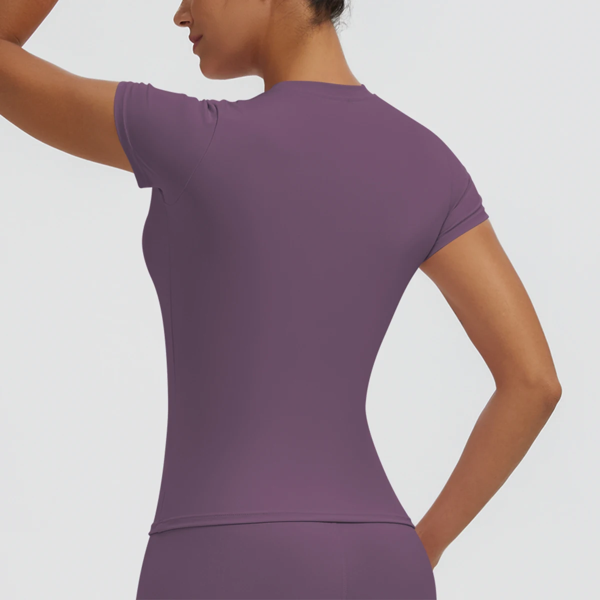 Hochelastisches, schnelltrocknendes, einfarbiges Yoga-Kurzarm-T-Shirt für Damen, Workout-Oberteil, schmal geschnittenes, lässiges Sport-, Lauf-, Fitness- und Yoga-T-Shirt. – Detail 28