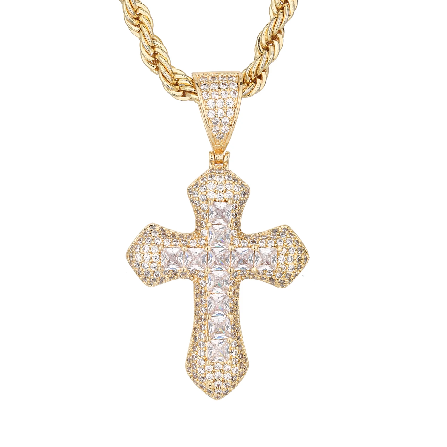 VCT Street Fashion Hip Hop 14k Gold Plated Solid Color Cross Cubic Zirconia Copper Pendant and Necklace Free Shipping