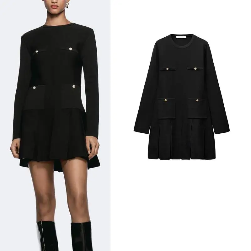 

Spring New Women's round Ne Long Sve Button Decoration Wide Pleat Knitted ort Dr Polyester Fiber 00% Regular Sve