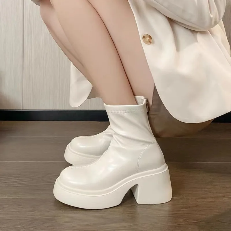 

Hot Sale Women High Heel Boots Chunky 7cm Comfortable Ladies Leather Ankle Boots British Sexy Woman Motorcycle Boots Botas Mujer
