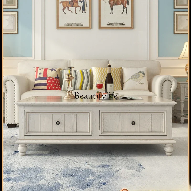 

American solid wood coffee table antique white simple living room small apartment ash wood locker