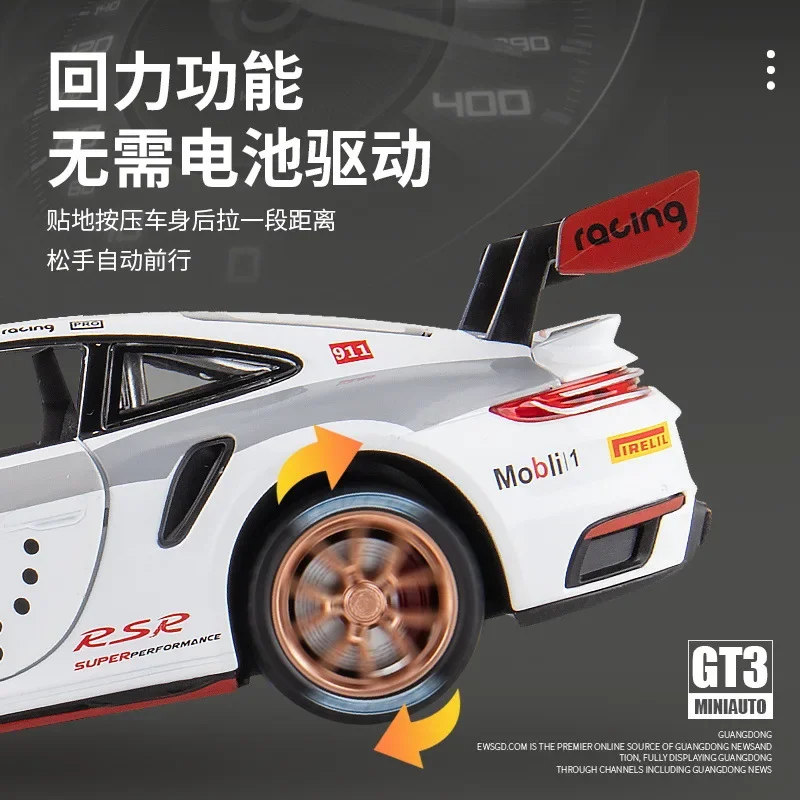 1:24 911 GT3 RSR Alloy Diecasts & Toy Vehicles Metal Car Model Sound Light Pull Back Kids Toys Collection