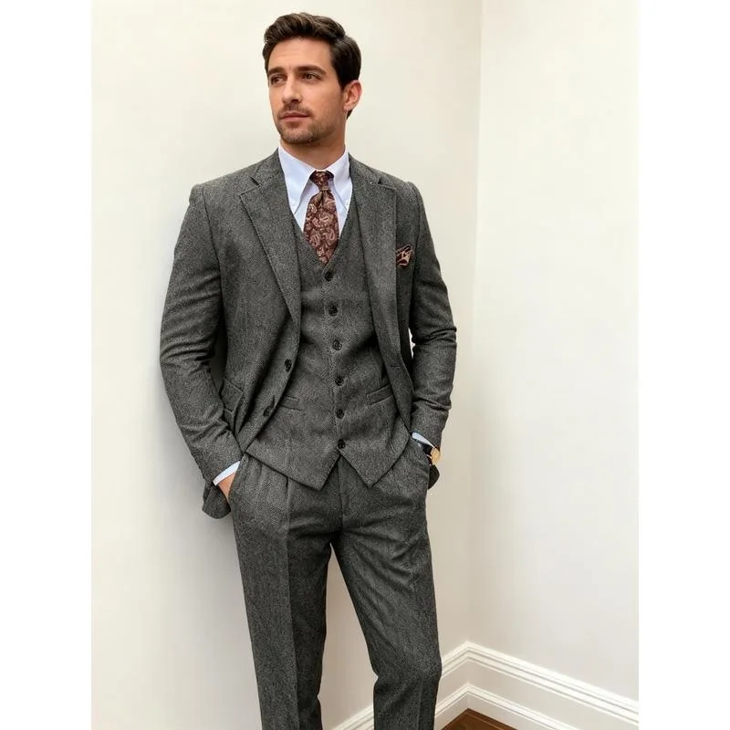 Man's Blazer Designer Navy Tweed Suit Men Vintage Winter Formal Wedding Suits For Men Men's Classic Suit 3 Pieces Men Suit