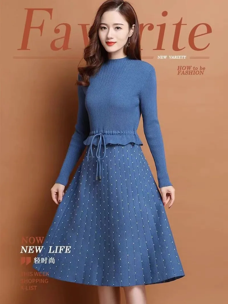 Novo Vestido de Malha Feminino Elegante e Moderno, Modelo A-Line de Comprimento Médio com Camadas, para Outono/Inverno e Uso Diário