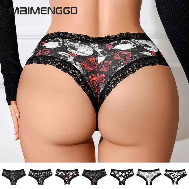 

3pcs Underwear Women's Sexy Lace Rose Print Edge Dark Gothic Style Skull Personalized Comfortable Breathable Triangle Pants